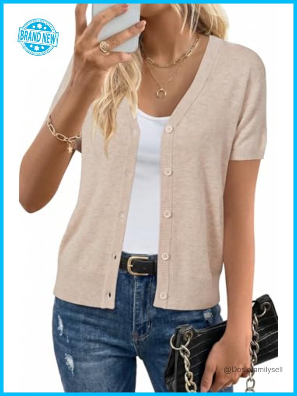 Wool Blend Cardigan Short Sleeve V-Neck Button Business Casual Knit